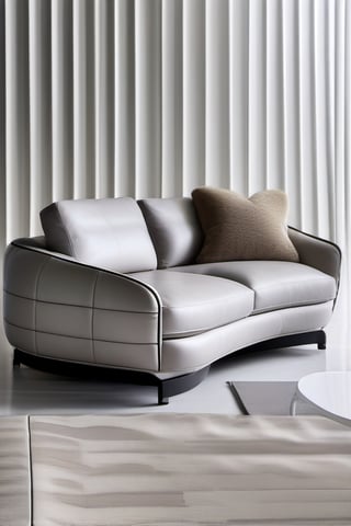 minotti furniture 2 seater sofa in light grey in satin matt leather with with texture, seat and backrest in rounded edges, light fumed oak  timber with rectangular tepering 4 legs , half armrest with thick bolder base. 

sofa with 4 number square leather with self piping throw cushion

Sofa with 2 decorative geomatric pattern throw pillows 

white background 
provide top view, side view and perspective view 
 

