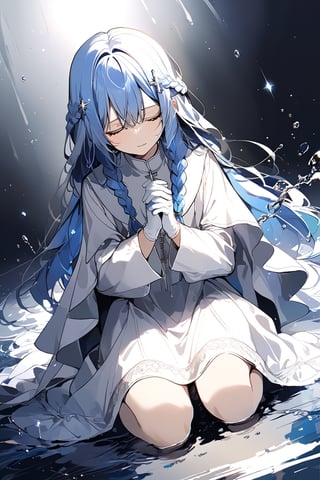 25 years old, female, elegant, mysterious, shining, sky blue hair, long hair, straight hair, braids, eyes closed, tears, all white clothes, white dress, white gloves, silver jewelry, priest, river, water, prayer, whole body, Kneeling, clean facial features, single figure, clean background