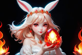 beautiful girl bunny, with a halo on her head, firey flaming red eyes, with a glowing bright crystal glass egg in her  hands