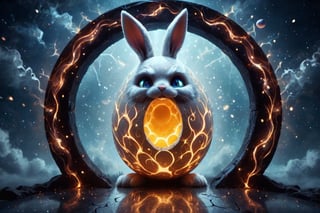 futuristic, neon lights background, rabid, mad, nightmare, easter bunny, emerging through a portal shaped like an egg, gold trim, nightmare_moon, colored egg shaped orbs floating in the air, star dust,DonMD3m0nXL 