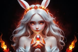 beautiful girl bunny, with a halo on her head, firey flaming red eyes, with a glowing bright crystal glass egg in her  hands,DonMD3m0nXL 