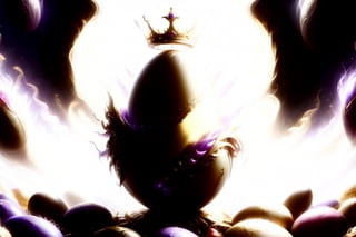 Egg God,1large golden easter egg, lavish, extravagent, decorations, golded crown decorated with rubies and gems atop, having an aura of purple & gold, surounded by many smaller multi colored eggs floating all around