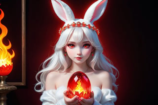 beautiful girl bunny, with a halo on her head, firey flaming red eyes, with a glowing bright crystal glass egg in her  hands