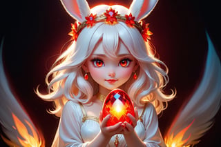 beautiful girl bunny, with a halo on her head, firey flaming red eyes, with a glowing bright crystal glass egg in her  hands