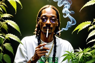 snoop dogg, smoking a joint, weed plants all around