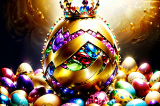 1large golden easter egg, lavish decorations, golded crown decorated with rubies and gems atop, surounded by many smaller multi colored eggs,aw0k,DonM3l3m3nt4lXL