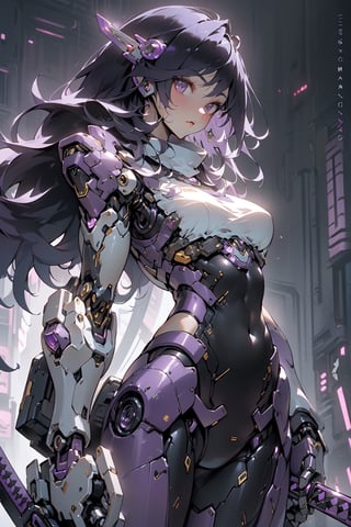 (Purple_theme:1.5),(PurpleRain:1.5),very aesthetic,intricate,best quality,amazing quality,extremely hyghres resolution,ultra-detailed,intricate detailed face and eyes,intricate line,delicate drawing ,1girl, solo,(mechamusume:1.5),(mechanical_body:1.3), breasts, gloves, holding, bare shoulders, weapon, sword, fingerless gloves, fishnets,ninja,katana,holding weapon,(kunoichi:1.5),augmented_body,weapongirl,augment,(cyberpunk background:1.5),ultra delicate, clearly, super fine illustration, absorbres, pastel art,
BREAK beautiful lighting, beautiful glow,mecha,
Black blue hair , battle animation posing ,