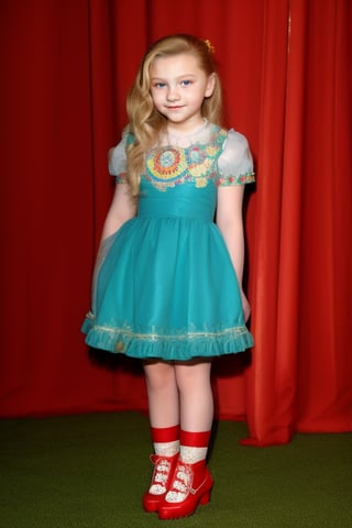 Abigail Breslin 12 years old, full body view beautiful girl, with wavy blonde hair, in a fluffy dress, with ruffles, red shoes, flirtatious look ,Abigail Breslin