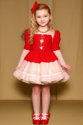 Abigail Breslin 12 years old, full body view beautiful girl, with wavy blonde hair, in a fluffy dress, with ruffles, red shoes, flirtatious look ,Abigail Breslin