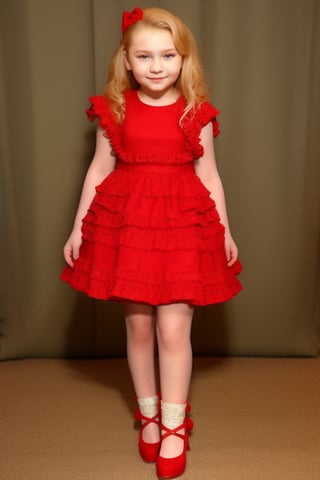 Abigail Breslin 12 years old, full body view beautiful girl, with wavy blonde hair, in a fluffy dress, with ruffles, red shoes, flirtatious look ,Abigail Breslin