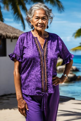((masterpiece, best quality)), absurdres, (Photorealistic 1.2), sharp focus, highly detailed, top quality, Ultra-High Resolution, HDR, 8K, epiC35mm, film grain, moody photography, (color saturation:-0.4), lifestyle photography,

(((full body picture))), old ugly  Polynesian woman, 62 years old, short wavy grey hair, (athletic body), black pants, violet ruffled blouse, standing at the entrance of a house,(Tera Patrick:0.4),