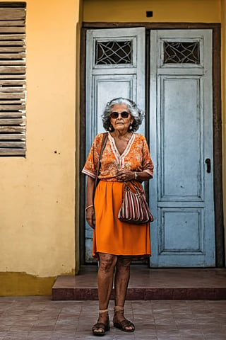 ((masterpiece, best quality)), absurdres, (Photorealistic 1.2), sharp focus, highly detailed, top quality, Ultra-High Resolution, HDR, 8K, epiC35mm, film grain, moody photography, (color saturation:-0.4), lifestyle photography,

(((full body picture))), old ugly  venezuelan woman, 72 years old, long curly grey hair, (average body), beige skirt, orange blouse, standing at the entrance of a house,(Apolonia Lapiedra:0.4)