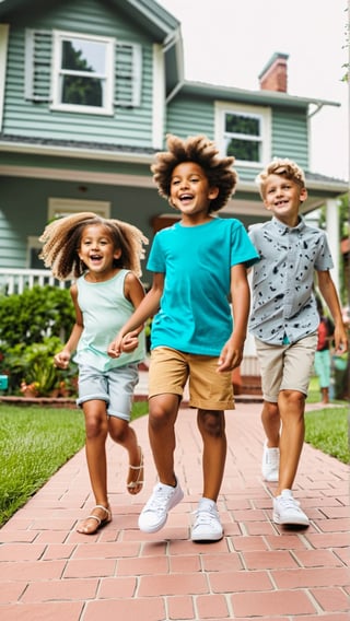 Masterpiece, bestquality,4K,highres, ultra-detailed, 

wide angle picture of a group of happy children playing in the front yard of a suburban house, distinct ethnicities, distinct hair color distinct hairstyles, distinct outfits, casual summer outfits, 