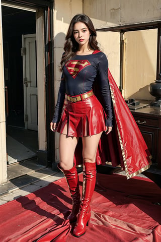 1girl, long black hair,wonder woman,wearing woder womans blue tight uniform,perfect,red Boots higher than knees,Red miniskirt,Red long cape,full body,Bright colors,Bright red Boots, red miniskirt,Huge chest,Boots over the knee,Clothes are tied to skirts,Red miniskirt,Female model posen,Red over-the-knee pointed high-heeled boots,full body,running in the middle of the road,full body,tall girl,long boots,Red long cape,Boots longer than legs,Chinese supergirl,18years old,Don't show belly,Extremely long tip boots,red skirt,full body,supergirl's tight suit,Don't show knees,Knees wrapped in boots,strong girl,Pointy high-heeled boots,thin high heels,Uniforms and skirts are connectedUniforms and skirts are connected,Don't show your stomach,red skirt,full body,Extra long red boots,Golden Supergirl Belt,One-piece tight uniform
,Show the outline of the muscles,Red miniskirt and long cape,Boots must be over the knee,Integrated coats,Golden Supergirl Belt,Red miniskirt,Full of muscles,Tall and strong,Sexy,Full of muscle beauty,red dress,The skirt must be red.