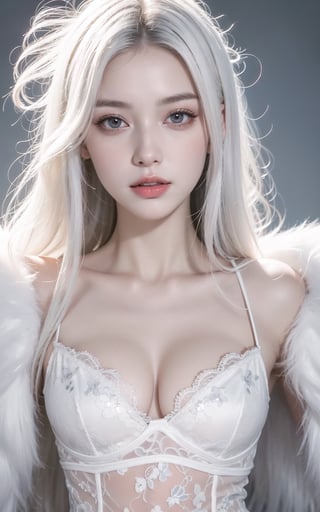 (best quality, 4k, 8k, highres, masterpiece:1.2), A creepy yet intriguing digital illustration portrait of a albino pale young girl, pure white hair,
psychedelic long hair, She wears a sexy seductive white lace outfit with white fur accents, embodying the essence of allure and sensuality, ,valent_1314