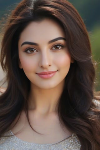 look like ((Adah Sharma,Gauahar Khan)),light makeup,[don't change face]22 year old Indian women , wearing beautiful one piece dress curly
 hair, blue eyes, brown hair , long hair , smiling, big breast, at top of mountain (RAW photo, best quality),(realistic, photo-Realistic:1.3), best quality, masterpiece, beautiful and aesthetic, 16K, (HDR:1.4), high contrast,Milf,pink lipstik,