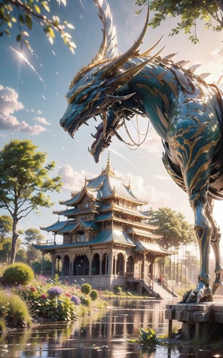 (extremely detailed CG unity 8k wallpaper),(((masterpiece))), (((best quality))), ((ultra-detailed)), (best illustration),(best shadow), ((an extremely delicate and beautiful)),dynamic angle,floating, fairyland,dynamic angle,sea of flowers,beautiful detailed garden,wind,classic,spring, (detailed light),feather, nature, (sunlight), river, forest,(((floating palace))),((the best building)),beautiful and delicate water,(painting),(sketch),(bloom),(shine),Void volumes,pastelbg,Animal,DRAGONYEAR,wrenchsmechs,medieval castle,cyber,glowing,mecha,Warframe
