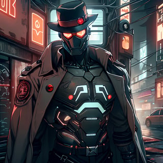 8k, cyber city, solo, male, upper body, cute, tron, faceless helmet, electro-cardiogram, soft felt hat, fedora, noir, Rust,rokudenashi, muscular, trench coat,adstech,DonM0ccul7Ru57,Black Hat