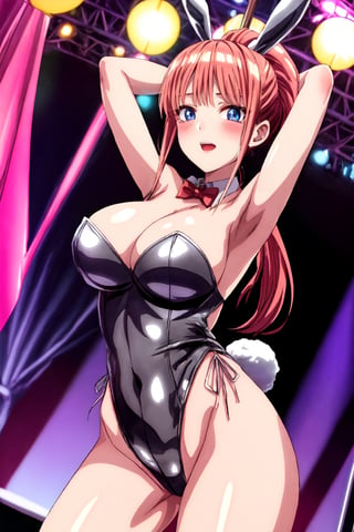 Highly detailed, High quality, Masterpiece, Beautiful, high detailed, high detailed background, (long shot), scenary,  strip club, nwon lights, stage, Anime, one girl, solo , nino nakano, long ponytail, arms_above_head looking_at_the_viewer, dancing, satin leotard, strapless, bunny ears, playboy bunny leotard, bow tie, pole dance, stripper pole, pole dancer