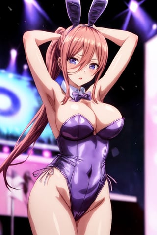 Highly detailed, High quality, Masterpiece, Beautiful, high detailed, high detailed background, (long shot), scenary,  strip club, nwon lights, stage, Anime, one girl, solo , miku nakano, long ponytail, arms_above_head looking_at_the_viewer, dancing, satin leotard, strapless, bunny ears, playboy bunny leotard, bow tie, pole dance, stripper pole, pole dancer