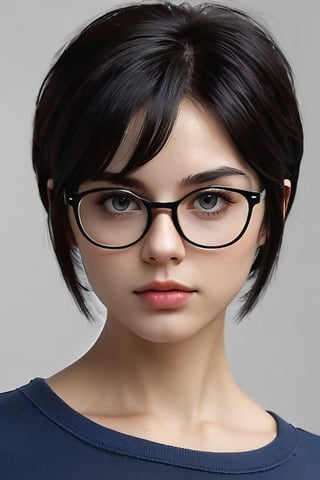 masterpiece, photography, photorealistic, ultra quality, ultra detailed, detaied face, 8k, (high detail), adult girl 25 years old, british face, looks like alba galalocha, white skin, vety short hair style, bare black hair, (kind and erotic face with erotic eyes), delicated feminine glasses, small nose, small head, narrow lips, delicated face, dark look. goddess look, tall and fit. narrow waisted, alluring, inviting, loose clothing, darkblue tshirt, cotton pants , relaxed pose, full_body, show legs and hans, looking_at_viewer, detailed background, outside, outdoor ,realistic,photo r3al