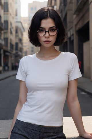 masterpiece, photography, photorealistic, ultra quality, ultra detailed, detaied face, 8k, (high detail), adult girl 25 years old, persian face, looks cute, soft jaw, white skin, vety short hair style, bare black hair, (kind and erotic face with erotic eyes), delicated feminine glasses, small nose, small head, narrow lips, big head, seductive face, dark look. goddess look, tall and fit. narrow waisted, alluring, inviting, loose clothing, darkblue tshirt, cotton pants , relaxed pose, full_body, show legs and hans, looking_at_viewer, detailed background, outside, outdoor ,Extremely Realistic