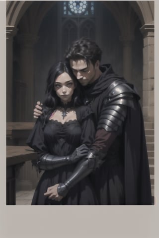 man in gothic armor being comforted by a young lady