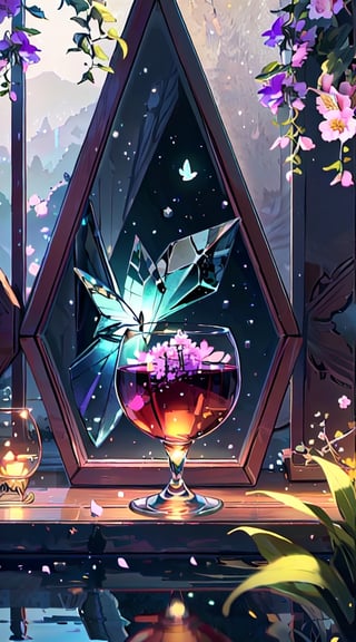 (masterpiece), (best quality), (ultra-detailed), (masterpiece), (best quality), (ultra-detailed), 4K resolution, High resolution, professionall quality, detailed picture, perfectly drawn objects,more prism, vibrant color,no people,wisteria,Jinsha,Transparent stardust,sakura,star,crystal garden,crystal flower,crystal city,crystal sea,crystal cave,lake,crystal shape, crystal thorn, crystal vine, glass thorn, glass Vine, Crystal Bush, Glass Bush,rose,cherry blossom tree,crystal lily,glass crystal,Butterfly,wine glass,diamond,flower on glass,no word