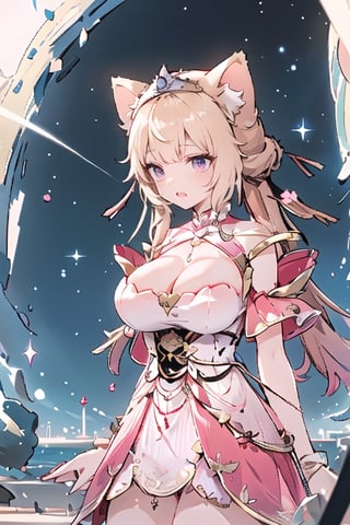 cat ear,crying, (masterpiece), (best quality), (ultra-detailed), (masterpiece), (best quality), (ultra-detailed), 4K resolution, High resolution, professionall quality, detailed picture, perfectly drawn objects,more prism, vibrant color,a cute girl, 1girl, solo,large breast0,cat,arm behind the back,white theme,purple eyes,white long hair,futuristic city,Lolita,princess skirt,Scared and hiding in the corner,arms behind back 