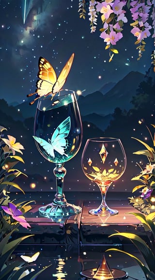 (masterpiece), (best quality), (ultra-detailed), (masterpiece), (best quality), (ultra-detailed), 4K resolution, High resolution, professionall quality, detailed picture, perfectly drawn objects,more prism, vibrant color,no people,wisteria,Jinsha,Transparent stardust,star,crystal garden,crystal flower,crystal city,crystal sea,crystal cave,lake,crystal shape, crystal thorn, crystal vine, glass thorn, glass Vine, Crystal Bush, Glass Bush,crystal lily,glass crystal,Butterfly,wine glass,diamond,flower on glass,no word,summer
