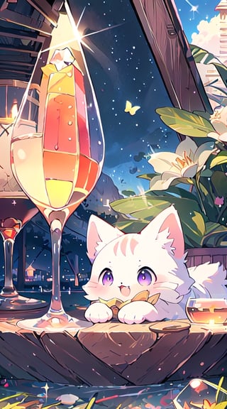 white cat, purple eyes,(masterpiece), (best quality), (ultra-detailed), (masterpiece), (best quality), (ultra-detailed), 4K resolution, High resolution, professionall quality, detailed picture, perfectly drawn objects,more prism, vibrant color,no people,wisteria,Jinsha,Transparent stardust,star,crystal garden,crystal flower,crystal city,crystal sea,crystal cave,lake,crystal shape, crystal thorn, crystal vine, glass thorn, glass Vine, Crystal Bush, Glass Bush,crystal lily,glass crystal,Butterfly,wine glass,diamond,flower on glass,no word,summer,morning ,cat