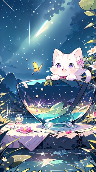 white cat, purple eyes,(masterpiece), (best quality), (ultra-detailed), (masterpiece), (best quality), (ultra-detailed), 4K resolution, High resolution, professionall quality, detailed picture, perfectly drawn objects,more prism, vibrant color,no people,wisteria,Jinsha,Transparent stardust,star,crystal garden,crystal flower,crystal city,crystal sea,crystal cave,lake,crystal shape, crystal thorn, crystal vine, glass thorn, glass Vine, Crystal Bush, Glass Bush,crystal lily,glass crystal,Butterfly,wine glass,diamond,flower on glass,no word,summer,morning ,cat