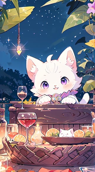 white cat, purple eyes,(masterpiece), (best quality), (ultra-detailed), (masterpiece), (best quality), (ultra-detailed), 4K resolution, High resolution, professionall quality, detailed picture, perfectly drawn objects,more prism, vibrant color,no people,wisteria,Jinsha,Transparent stardust,star,crystal garden,crystal flower,crystal city,crystal sea,crystal cave,lake,crystal shape, crystal thorn, crystal vine, glass thorn, glass Vine, Crystal Bush, Glass Bush,crystal lily,glass crystal,Butterfly,wine glass,diamond,flower on glass,no word,summer,morning ,cat