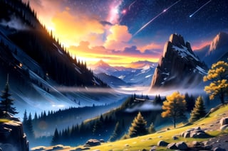 vibrant colors, female, masterpiece, sharp focus, best quality, depth of field, cinematic lighting, (illustration, 8k CG, extremely detailed), masterpiece, ultra-detailed, landscape, road, rocks, natural, dark forest, mountains, atmosphere, white dress,Spring,anime, night, horror, terror, stars