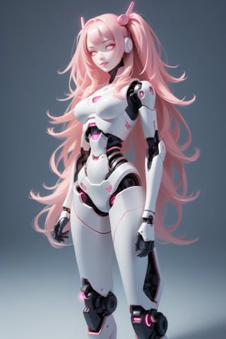 score_9, score_8_up, score_7_up, 1girl, solo, pink eyes, glowing eyes, robot joints, long hair, looking at viewer, glowing, pink hair, android, colored skin, Kunaboto, figure, 