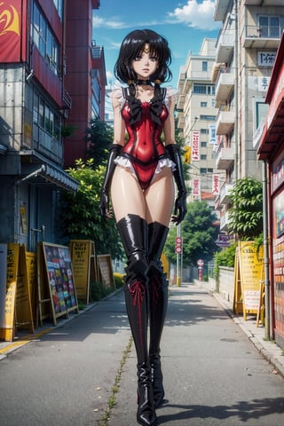 highly detailed, high quality, masterpiece, beautiful (full shot), 1 girl, alone, Kurumi Tokisaki from Date a Live (open eyes, red right eye, yellow left eye, black hair, hair in pigtails, Sailor Moon anime appearance , sailor moon uniform, red suit, red dress, red outfit, black corset, slim body, high black boots, leather boots, long black gloves, shiny leather boots, full body, walking from the front, day city, sunny day , clear city, on top of a building, yellow left eye, red right eye, Kurumi_Tokisaki,sailor saturn,aakurumi, long hair,EPsmSailorSaturn, twintails,serena tsukino,mer1