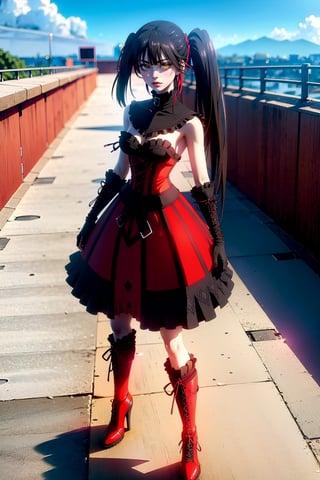 highly detailed, high quality, masterpiece, beautiful (full shot), 1 girl, alone, Kurumi Tokisaki from Date a Live (open eyes, red right eye, yellow left eye, black hair, hair in pigtails, Sailor Moon anime appearance , sailor moon uniform, red suit, red dress, red outfit, black corset, slim body, high black boots, leather boots, long black gloves, shiny leather boots, full body, flying from the front, day city, sunny day , clear city, on top of a building, yellow left eye, red right eye, Kurumi_Tokisaki,sailor saturn,aakurumi, long hair,EPsmSailorSaturn, twintails,serena tsukino,mer1, tiara,mecha,kurumi tokisaki,vampire