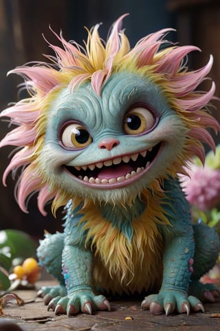 (best quality,8K,highres,masterpiece), ultra-detailed, 3D, capturing the whimsical essence of a cute, tiny female monster with a distinctly creepy smile. This creature, while small in stature, boasts an array of vibrant colors and textures, making it stand out with its unique charm. Despite its eerie grin, there's an undeniable allure to its appearance, blending elements of the adorable with the slightly unsettling. The monster's eyes with long lush eyelashes, sparkle with mischief, suggesting a playful nature behind its unnerving smile. Its fluffy fur is highly textured, showcasing an array of soft, pastel shades that contrast with the darker, more mysterious tones of its grin. The background is deliberately blurred, focusing attention on the creature's expressive face and the intricate details that define its character. This portrayal combines the innocent with the eerie, inviting viewers into a world where even the smallest monsters carry a mix of cuteness and mystery.