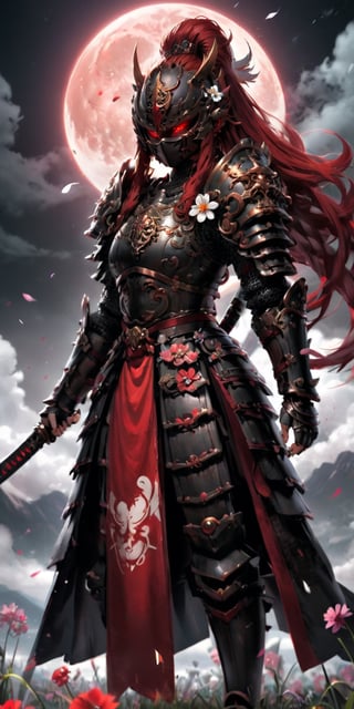 1girl, oni-musha,long red hair, box-shaped heavy japanese armour, holding katana,unmasked,japanese armour,glowing red eyes,
gauntlet,vambrace, shoulder armor, japanese clothes skirt,,helmet,fighting stance,
something indistinguishable or indistinct, (like clouds in the moon and wind in the flowers),
,kabuki,samurai,bl1ndm5k,warrior