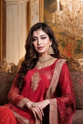 Visualize a Pakistani beauty adorned in a breathtaking red shalwar kameez, reclining gracefully in a lavish hotel lobby, her chest gently emphasized, radiating confidence and allure, adorned with exquisite jewelry and delicate earrings, Soft pastel painting, employing gentle strokes to convey a sense of softness and femininity, --ar 16:9 --v 5