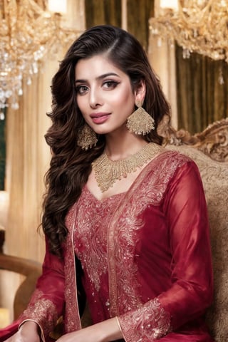 Picture a Pakistani girl in a striking red shalwar kameez, seated confidently in a luxurious hotel lounge, her chest subtly accentuated, emanating elegance and charm, adorned with intricate jewelry and dangling earrings, Detailed pencil drawing, utilizing hatching and shading techniques to create depth and realism, --ar 16:9 --v 5