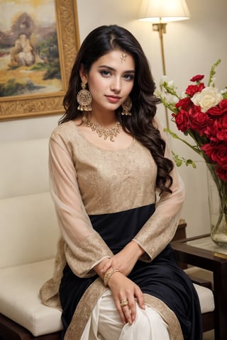 beautiful cute young attractive girl indian, teenage girl, village girl,18 year old,cute, instagram model,long black hair .Picture a Pakistani beauty dressed in a pristine white shalwar kameez, seated in a lavish hotel lounge, her posture exuding grace and poise, her chest subtly emphasizing her confidence, accentuated by tasteful jewelry and dangling earrings, Painting, watercolor on textured paper, focusing on soft lines and gentle hues, --ar 16:9 --v 5