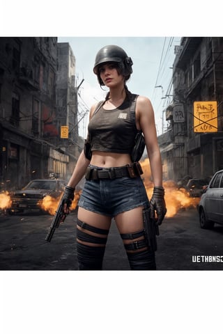 Rendering a lifelike image of Anna from PUBG Mobile, dressed in a vibrant costume with intricate details, showcasing her as a female character with a determined expression, amidst a futuristic urban battleground, where neon lights flicker amidst the chaos, capturing the essence of her fierce persona, Digital artwork, using advanced 3D rendering techniques for hyper-realistic textures and lighting effects, --ar 16:9 --v 5