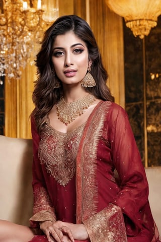 Envision a Pakistani woman dressed in a captivating red shalwar kameez, sitting elegantly in a luxurious hotel foyer, her chest subtly accentuated, exuding sophistication and grace, adorned with intricate jewelry and dangling earrings, Detailed digital drawing, using precise lines and shading to capture intricate details, --ar 16:9 --v 5