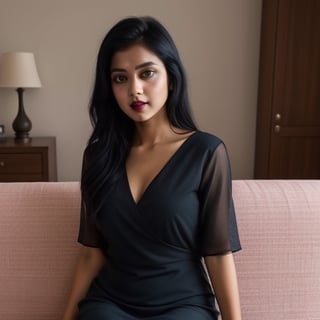Indian Girl, Almond eyes, Normal nose, Reddish light Pink lips, Long black hair, Hourglass Figure, Indian blue dress, a sit in sofa bedroom, focus on face and half body, 
