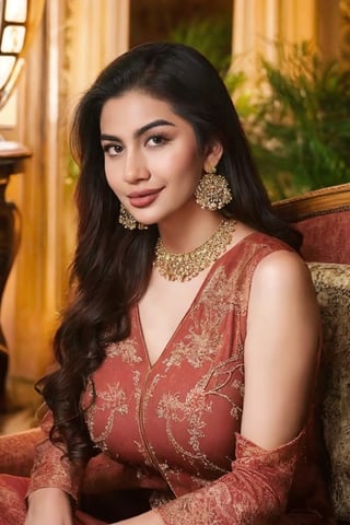 Imagine a Pakistani girl in a stunning red shalwar kameez, reclining luxuriously in a lavish hotel lounge, her chest subtly emphasized, emanating confidence and elegance, adorned with intricate jewelry and elegant earrings, Realistic oil painting, executed with rich colors and blending techniques to create a sense of depth and texture, --ar 16:9 --v 5
