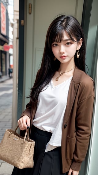 Beautiful and delicate light, (beautiful and delicate eyes), pale skin, big smile, (brown eyes), (black long hair), dreamy, medium chest, woman 1, (front shot), Korean girl, bangs, soft expression, height 170, elegant, big smile, 8k art photo, realistic concept art, realistic, portrait, necklace, small earrings, handbag, fantasy, jewelry, pigtail, skirt, various tops, (red), horizontal stripes pattern, jacket , t-shirt, half body shot, shibari,