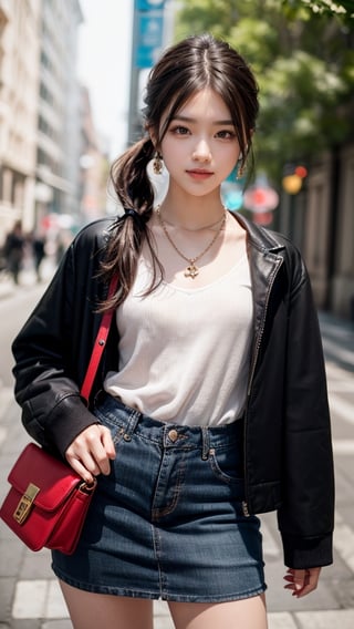 Beautiful and delicate light, (beautiful and delicate eyes), pale skin, big smile, (brown eyes), (black long hair), dreamy, medium chest, woman 1, (front shot), Korean girl, bangs, soft expression, height 170, elegant, big smile, 8k art photo, realistic concept art, realistic, portrait, necklace, small earrings, handbag, fantasy, jewelry, pigtail, skirt, various tops, (red), horizontal stripes pattern, jacket , t-shirt, half body shot, shibari,
