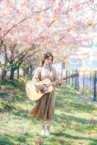 A woman in a brown dress stands under a tree and smiles at the camera. She seemed to be enjoying herself as she posed for photos. There are flowers on the trees behind you, and the whole scene is full of joyful atmosphere.