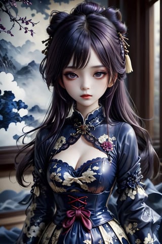 huge breasts,one eye yellow, one eye blue,1girl, traditional Japanese aesthetics and Porcelain Gothic Lolita fashion, elegant ceramic kimono silhouettes intertwine with the dark allure of Gothic elements, an elaborate Porcelain kimono in deep rich colors trimmed with lace, a glamorous obi and corset,
The color palette leans towards deep purple, black and blood red, contrasting with the delicate ceramics. White face makeup and dark, dramatic eye makeup complete the look,  ,dal,white eyes